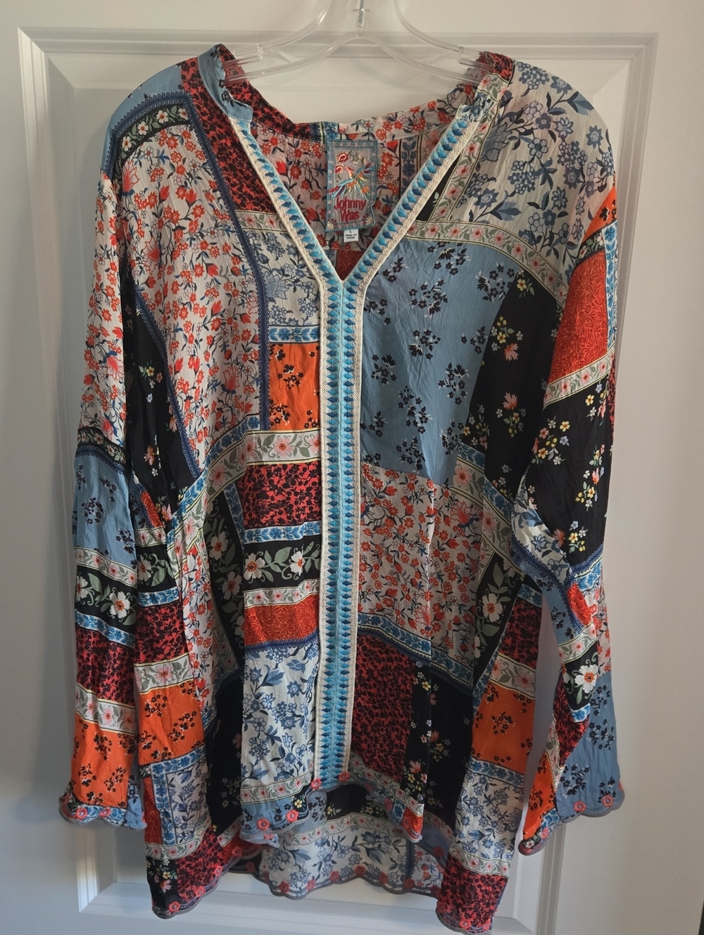Johnny Was Patchwork Floral Peasant Blouse - Blue & Orange